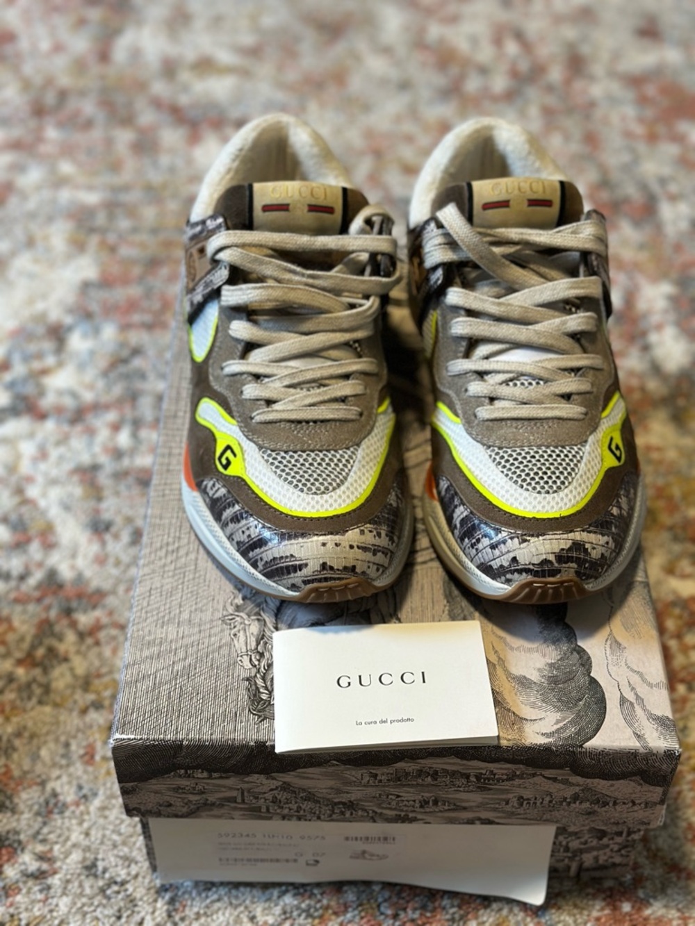 Gucci Beige, White and Neon Yellow Mixed-Material Sneakers - Picture 2 of 6